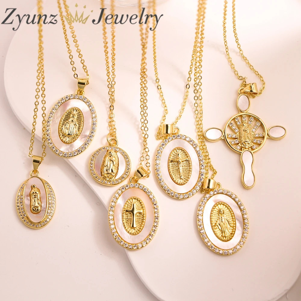 10PCS 18K Gold Inlaid Cubic Zirconia Charm Shell Pendant Necklace Holy Religious Jesus Virgin Mary Mop Shell Jewelry Necklace 240710