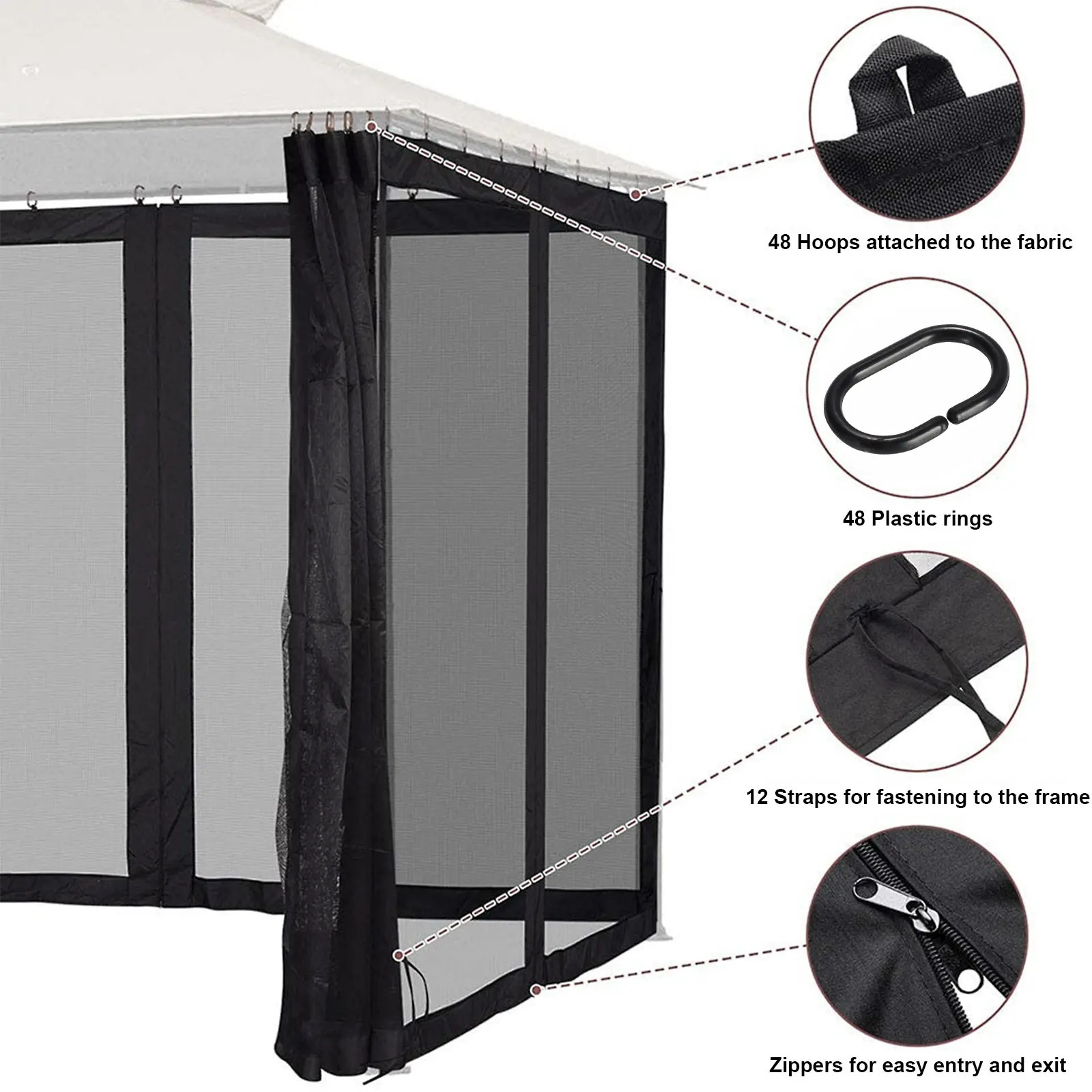 Outdoor Gazebo Mosquito Netting Universal Replacement Canopy Net Screen 4Panel Sidewall Curtain with Zippers for Garden Patio Sheer Curtains 240712