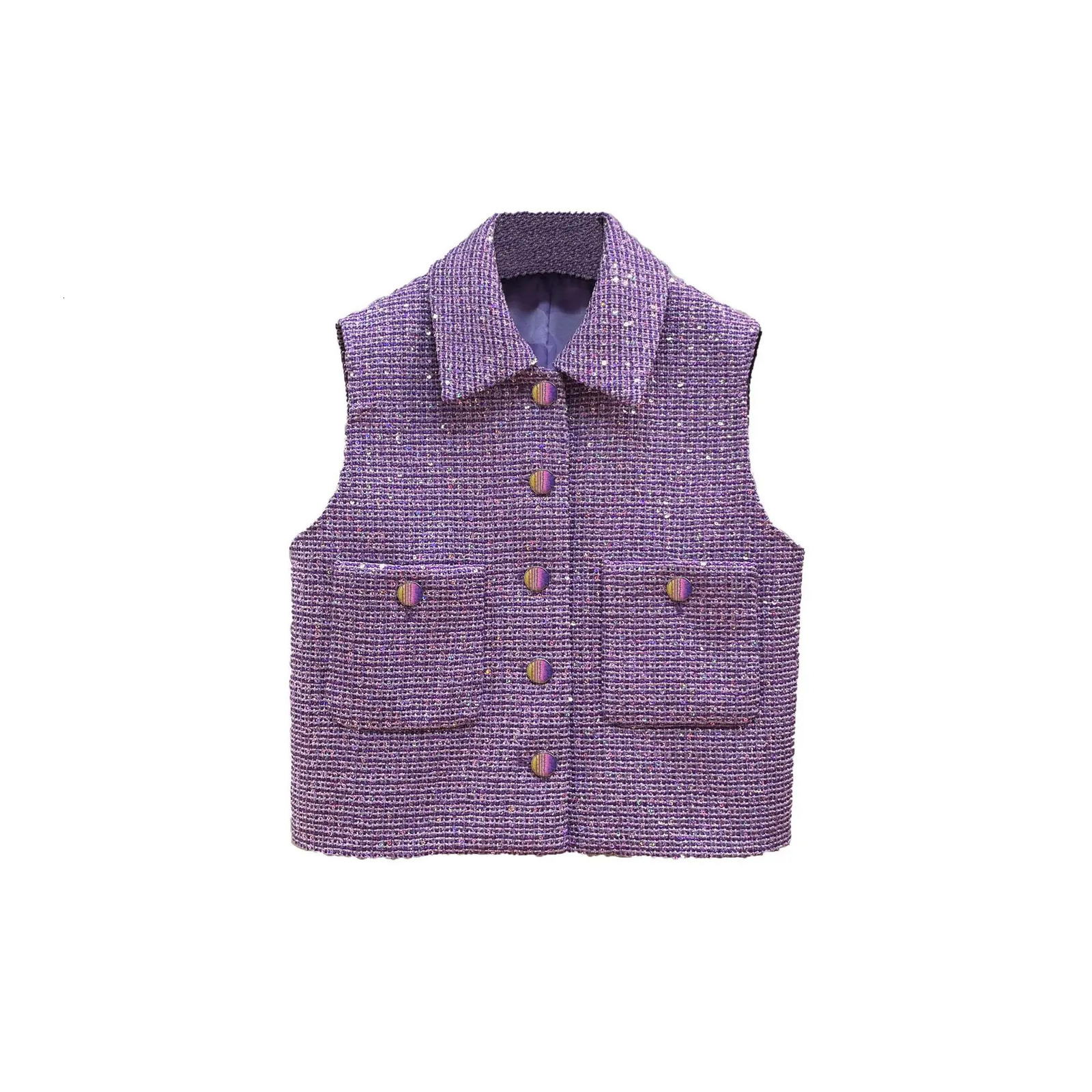 Violet Purple Colored Sequin Beads Coarse Tweed Vest High-end Sleeveless Jacket for Women 240704