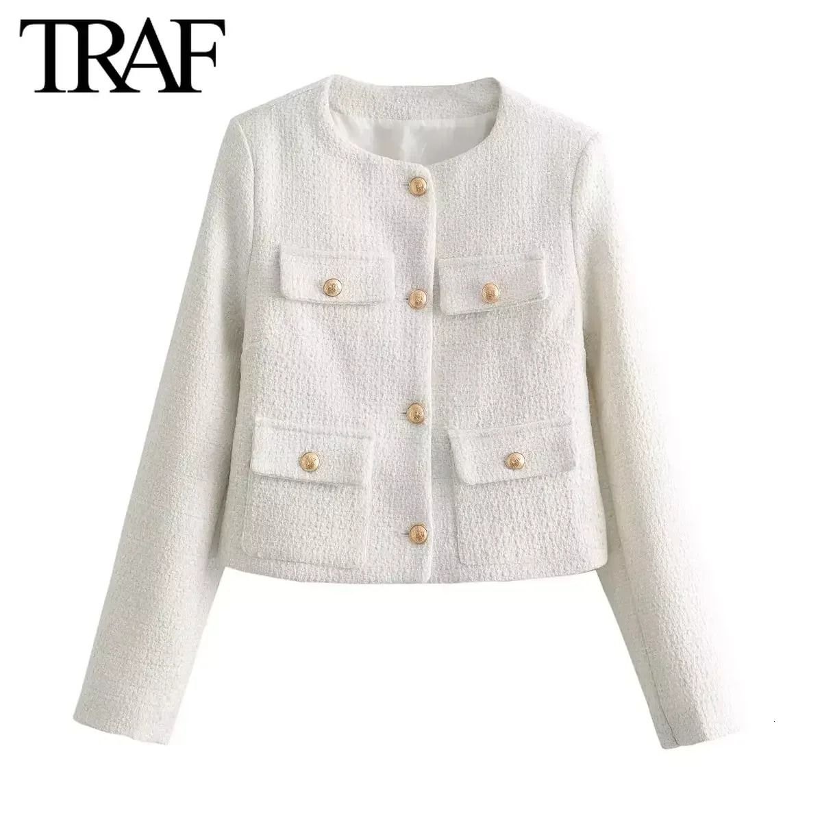 TRAF Women Fashion Spring Flip Pocket Jacket Single-breasted Crewneck Tweed Short Coats Chic Ladies Tops Mujer 240704