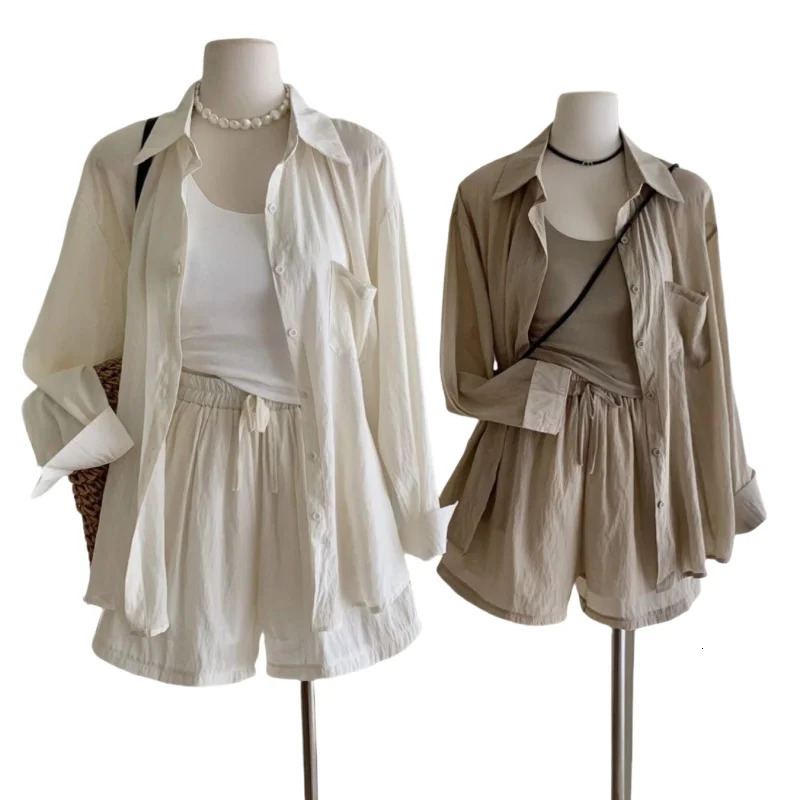 Lazy Korean Casual Polo Collar Sun Protection Shirt with Stacked Short Suspender Vest Shorts Three Piece Set for Woman 240704