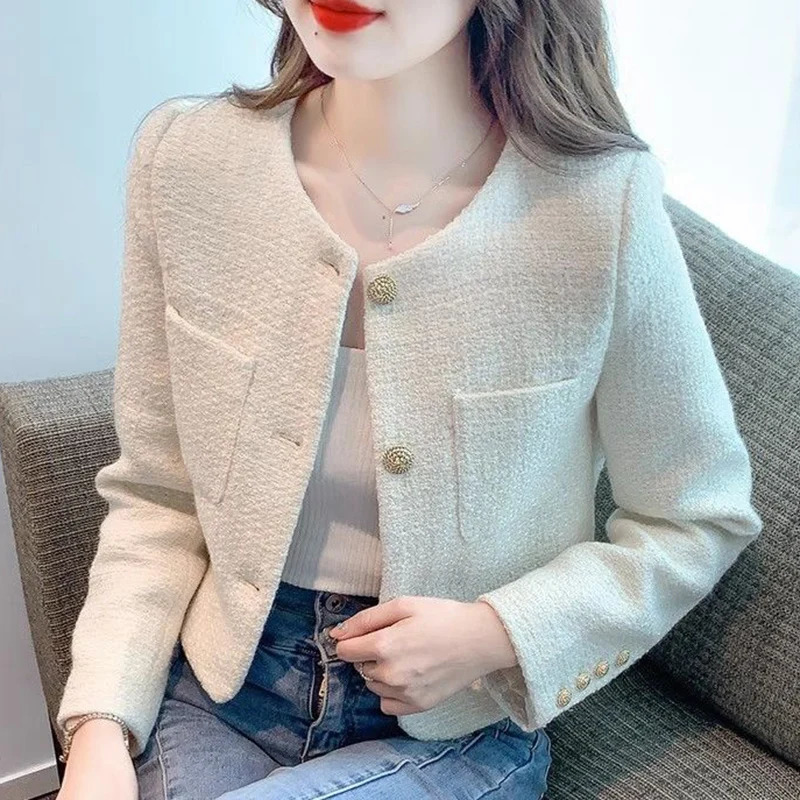 Rimocy Korean Fashion Tweed Cropped Jackets for Women Spring Round Neck Chic Coat Woman Beige Single-Breasted Jacket Female 240712