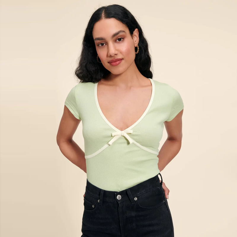 646 Summer New Collection 2023 Solid Color Deep V Contrast Slim Fit Look Pure Cotton Knitted French Top Short Sleeve Women Novelty Oversize Dress Deni