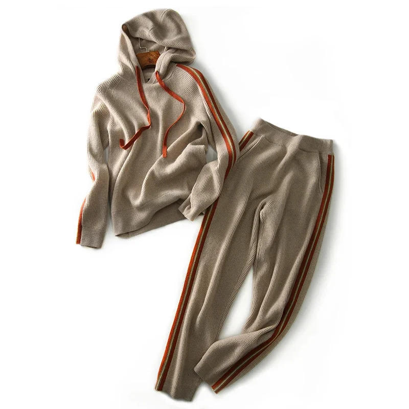 High Quality Knitted Womens Tracksuit Striped Long Sleeve Hoodied Harem Pants Sports Two Piece Set Autumn Winter 240712