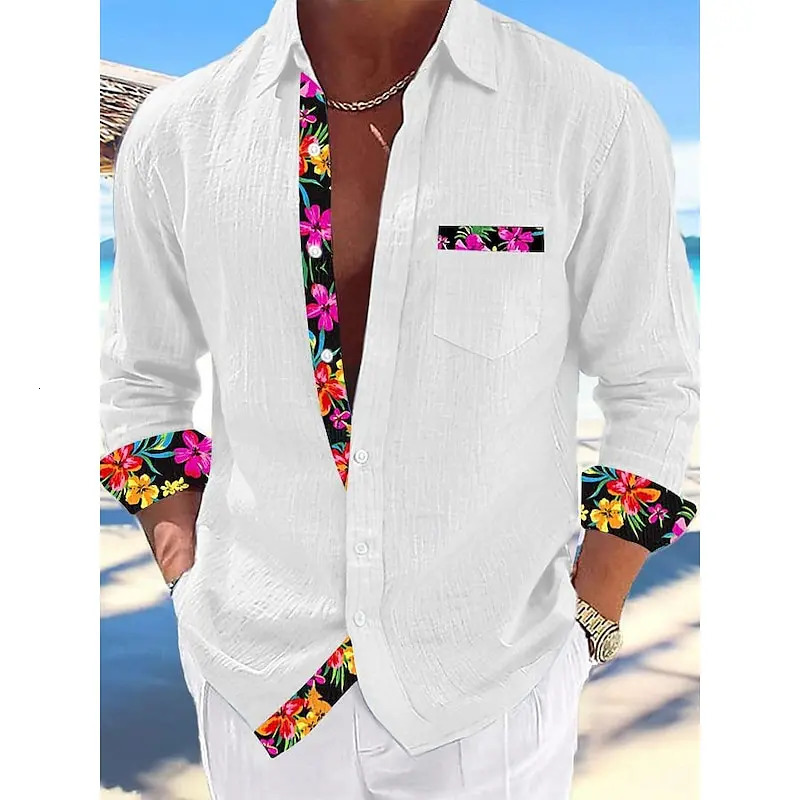 Shirts Fashion casual 100 linen shirts Floral stitching mens tops Simple and comfortable 240708
