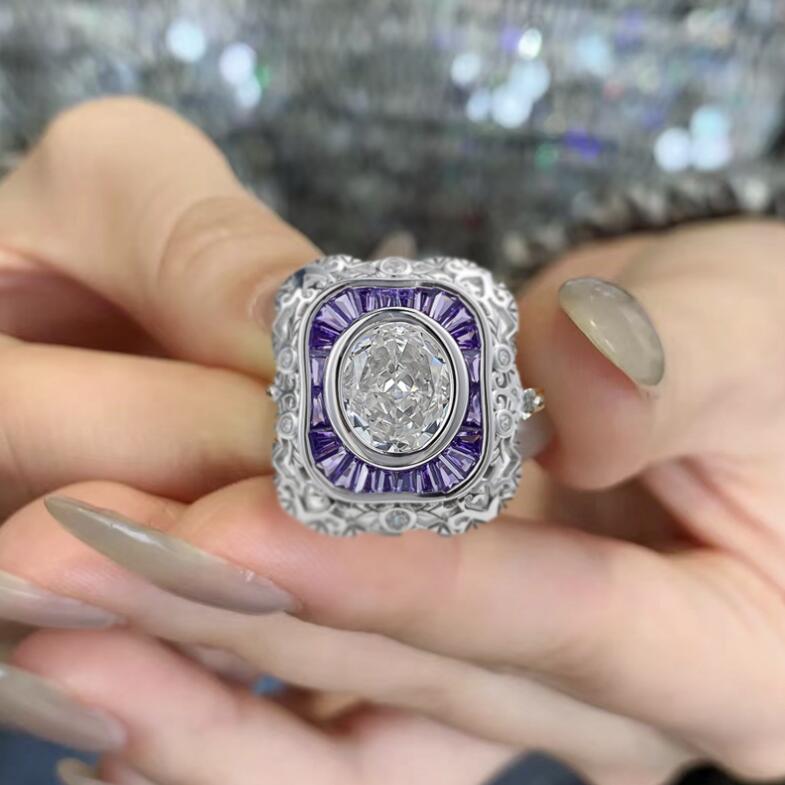 Moissanite Dia Ring: Vintage Sterg Sier Oval Cut Amethyst Wedding Band for Women