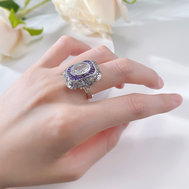 Moissanite Dia Ring: Vintage Sterg Sier Oval Cut Amethyst Wedding Band for Women