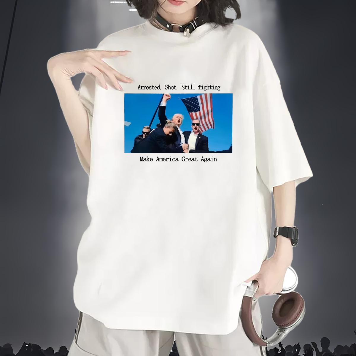Classic Women T Shirts Arrested. Shot. Still fighting Street Crew Neck Cotton Breathable 230g Cotton Unisex Tshirts Black Oversized Lady Tops Shirt
