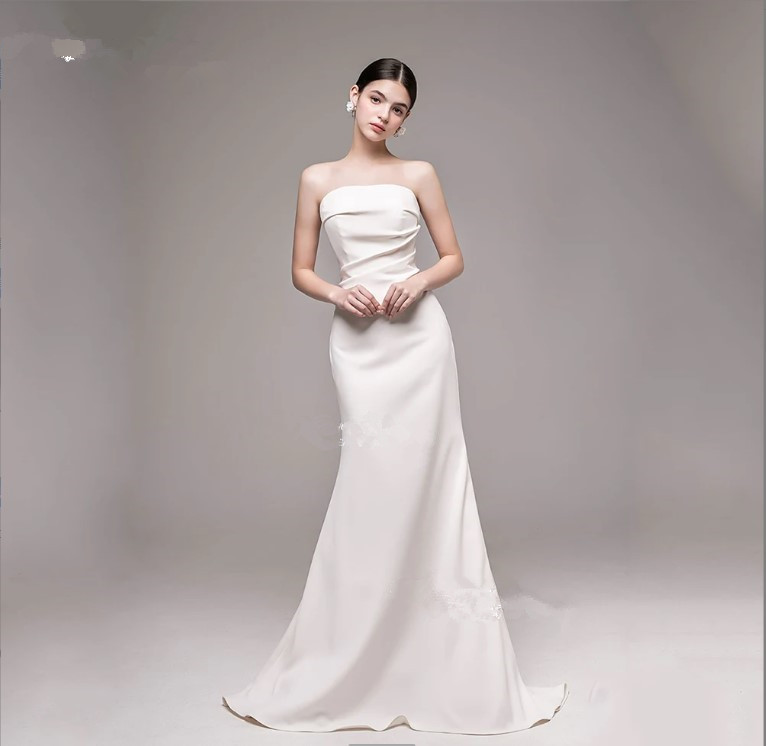 SPRAYING Elegant Strapless Sleeveless Wedding Dress Korea Photo Shoot Mermaid or Length Soft Satin Bridal Gown Custom Made