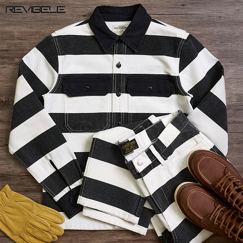 Mens 16OZ Canvas Jacket Vintage Black White Striped Motorcycle Shirt Cotton Thick Lapel Prisoner Male Casual Outerwear 240711