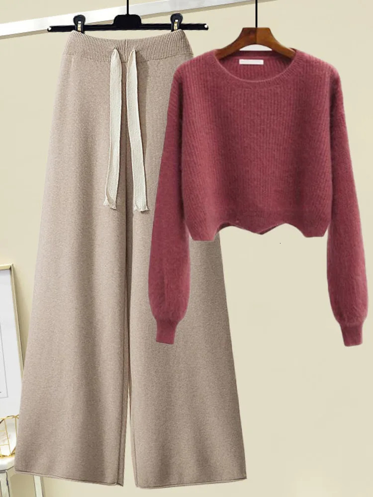 Fall Winter Knitted Two Piece Set Women Casual Pullover Long Sleeve Knitting Sweater And Wide Leg Pants Sets For Clothing 240712