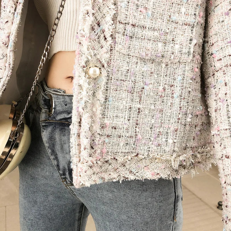 HMA Fashion Spring Women High Quality Single-Breasted Tweed Woolen Coat Round Neck Long Sleeve Tassel Jacket 240712