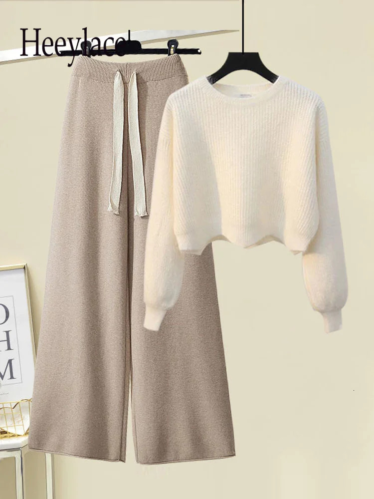 Fall Winter Knitted Two Piece Set Women Casual Pullover Long Sleeve Knitting Sweater And Wide Leg Pants Sets For Clothing 240712