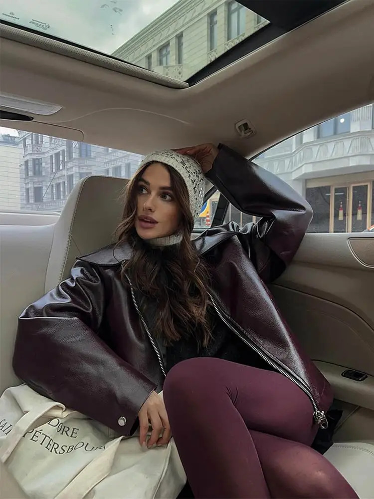 Vintage Lapel Zippers Spliced Leather Jacket Women Overtised Long Sleeve Double Pockets Coat Female Autumn Street Outerwear 240712