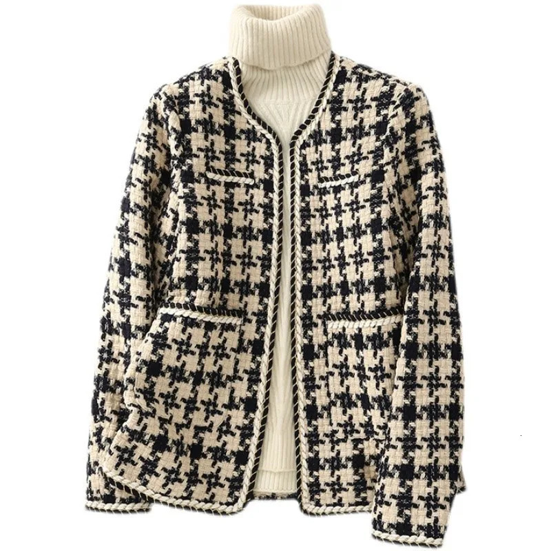 Runway Fall Elegant Weave Plaid Women Blazer Causal Tweed Coat Office Ladies Suit Jacket Outwear 240712