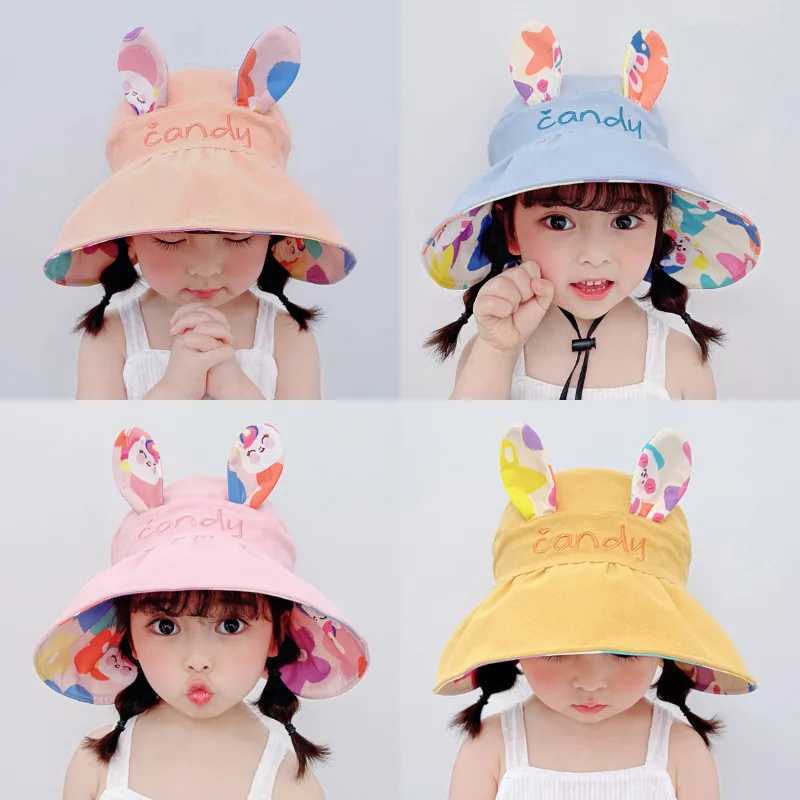 Adjustable baby bucket hat girls sun hat cute rabbit childrens empty top hat big Brim childrens beach hat hatW240713