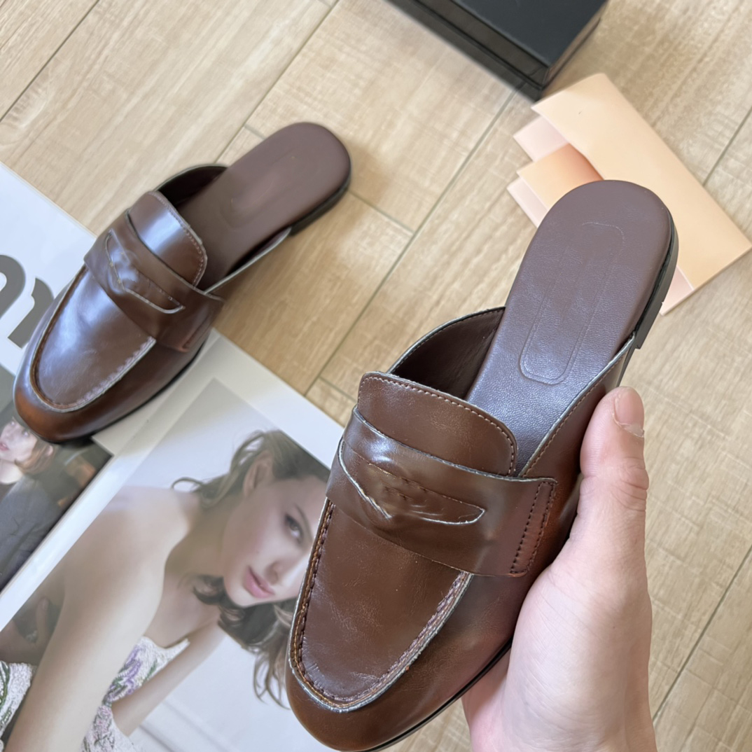 shoes Genuine Free shipping designer leather gold buckle high quality flat slippers black brown Lhshoe