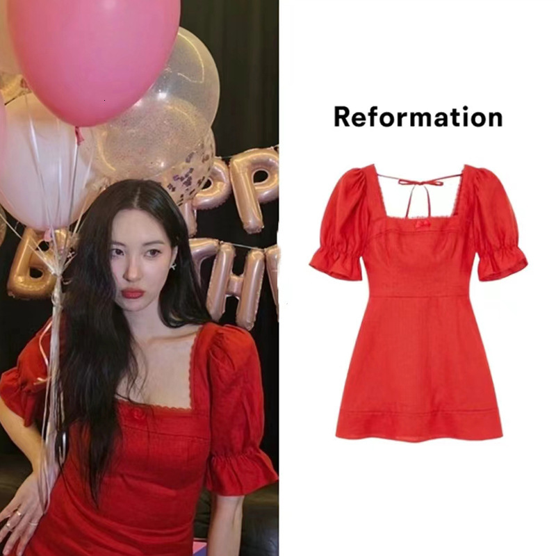 637 Xuanmei Celebrity Same Spring/summer 2024 New Style Square Collar Linen Waist A-line Short Dress French Bifurcated Temperament Waist Lace Dress