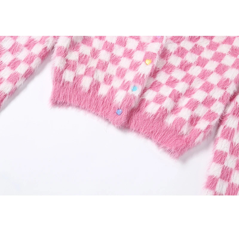 Pink and White Check Cardigan Sweater Women Fuzzy Mohair Crop Knit Long Sleeve HeartShape Button Soft Girl Aesthetic Outfit 240712