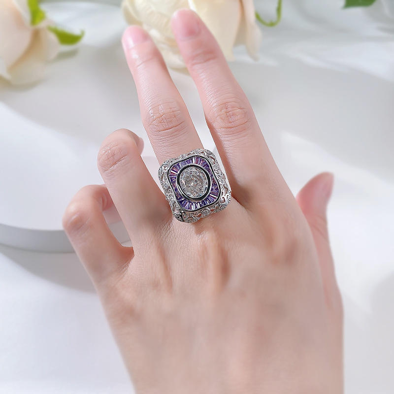 Moissanite Dia Ring: Vintage Sterg Sier Oval Cut Amethyst Wedding Band for Women