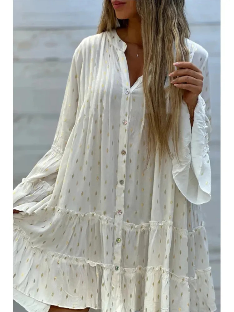 Womens Printed Gold Pressed Pleated Shirt Splicing Dress Spring Autumn Fashion Maxi Swing Loose Elegant Female Dreses 240711