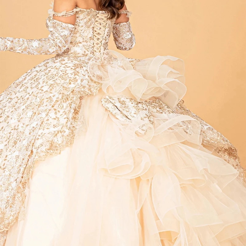 Champagne Shiny Ball Gown Quinceanera Dress 2025 Tulle Appliques Lace Beads Off Shoulder Sweet 15 16 Years Birthday Party Formal