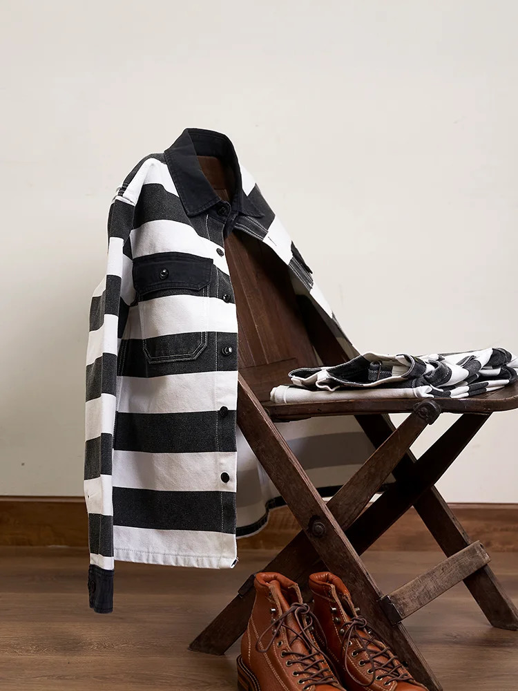 Mens 16OZ Canvas Jacket Vintage Black White Striped Motorcycle Shirt Cotton Thick Lapel Prisoner Male Casual Outerwear 240711