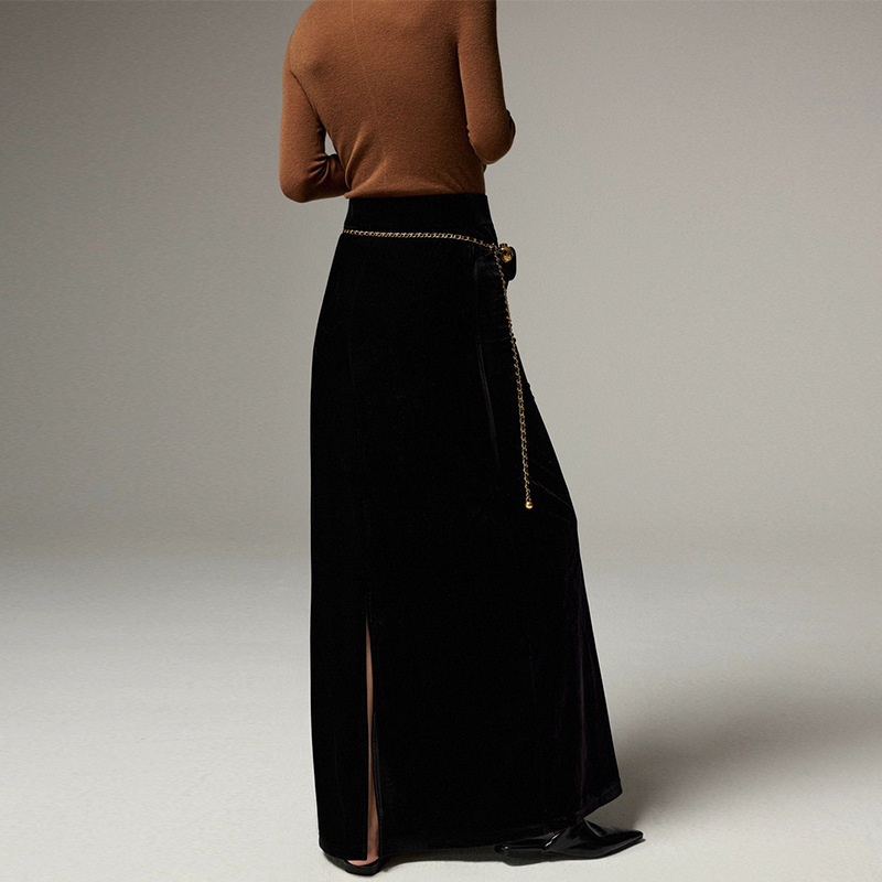 845 New Supermodel Leg with Velvet Drape Glossy Slimming Effect, A-line Length Skirt for Women in Spring and Autumn Chiffon Floral Dress Sexy Loose De