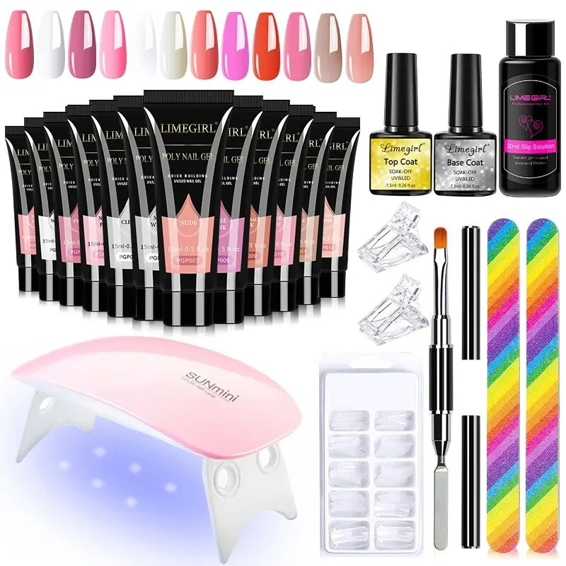 15ml Poly Nail Gel Kit Nail Set For Manicure With UV LED Lamp With Base Top Coat 100pcs Nail Tips Cured Gel Lacquer Nail Art 240710