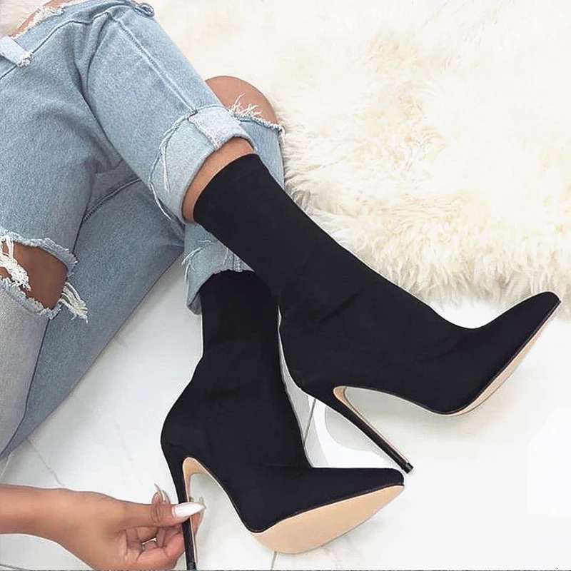 Women 7.5cm 10cm High Heels Winter Thermal Boots Green Low Heels Stretch Silk Ankle Boots Lady Warm Pointed Toe Sexy Party Shoes 240708