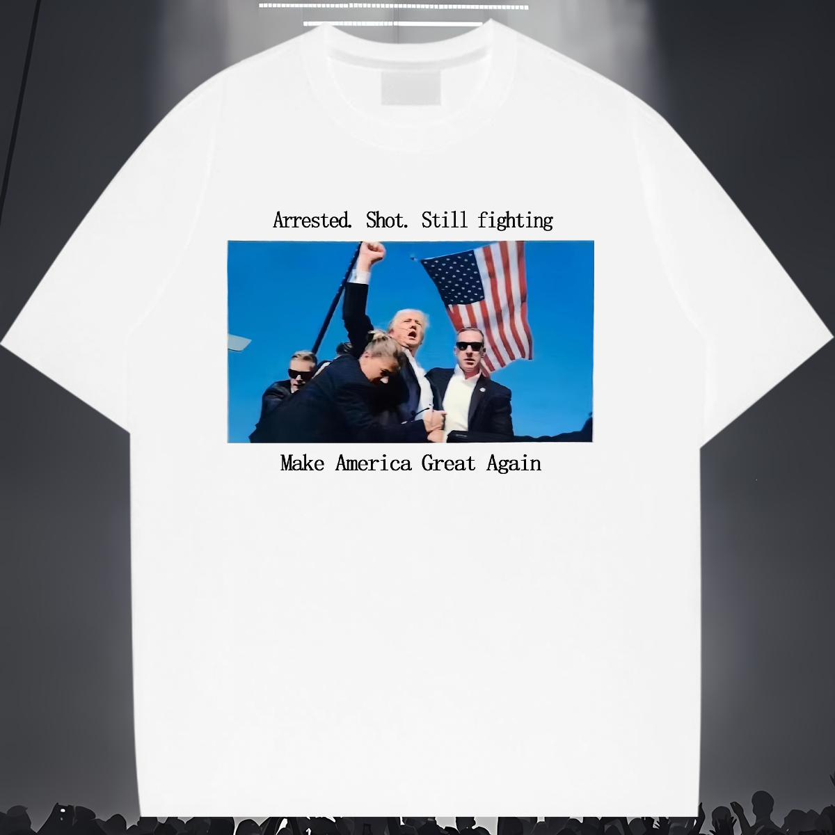 Classic Women T Shirts Arrested. Shot. Still fighting Street Crew Neck Cotton Breathable 230g Cotton Unisex Tshirts Black Oversized Lady Tops Shirt