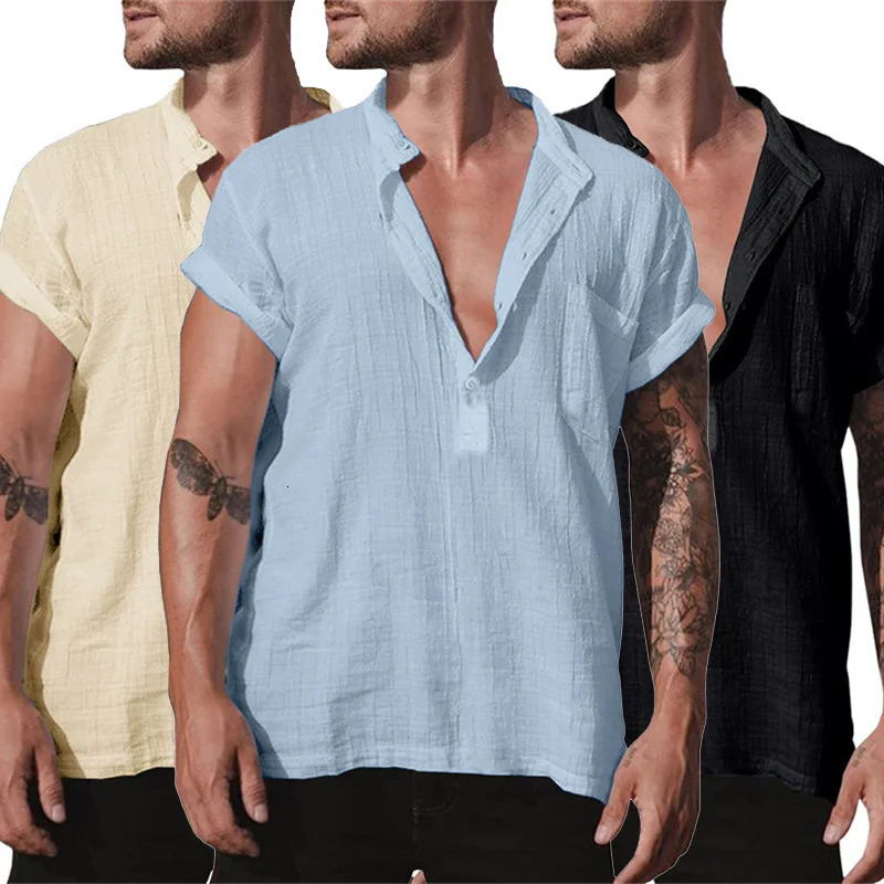 Summer Short Sleeve Formal Shirt Male Elegant Linen Shirts Blouses Loose White Social Man Pocket Casual Top Men Clothing 240708