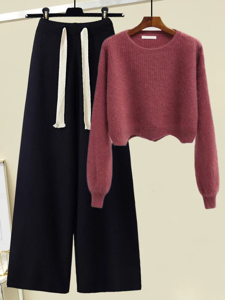 Fall Winter Knitted Two Piece Set Women Casual Pullover Long Sleeve Knitting Sweater And Wide Leg Pants Sets For Clothing 240712