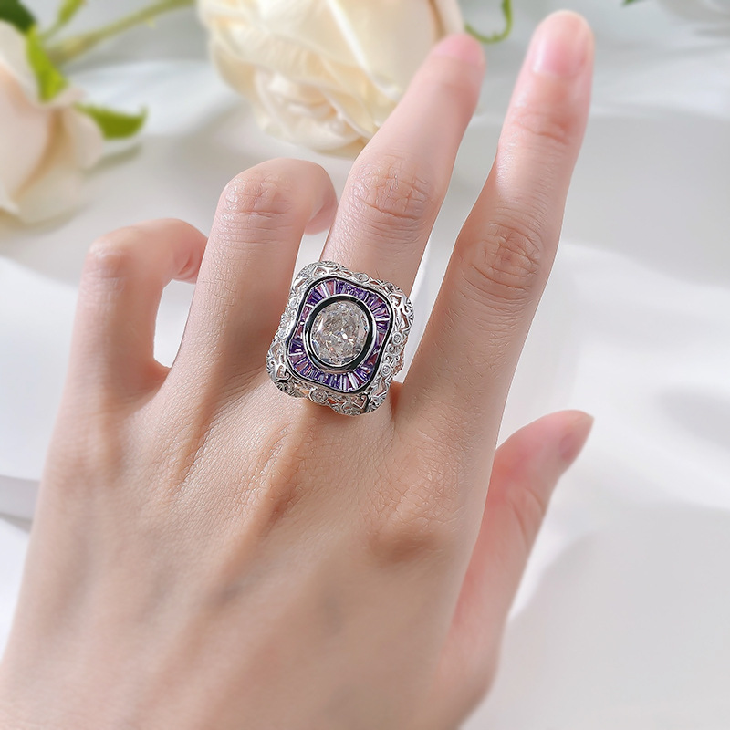 Moissanite Dia Ring: Vintage Sterg Sier Oval Cut Amethyst Wedding Band for Women