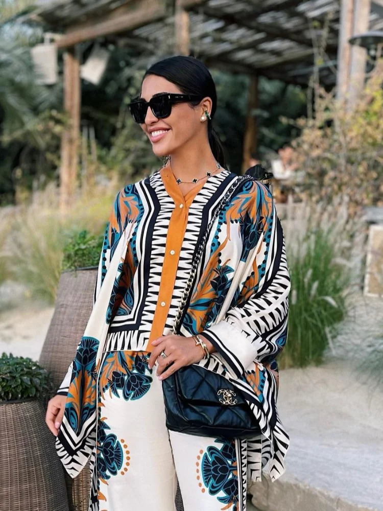 Casual Print Shirt Pant Sets - Batwing Sleeve Shirts & Wide Leg Pants Summer Lady Outfit B4