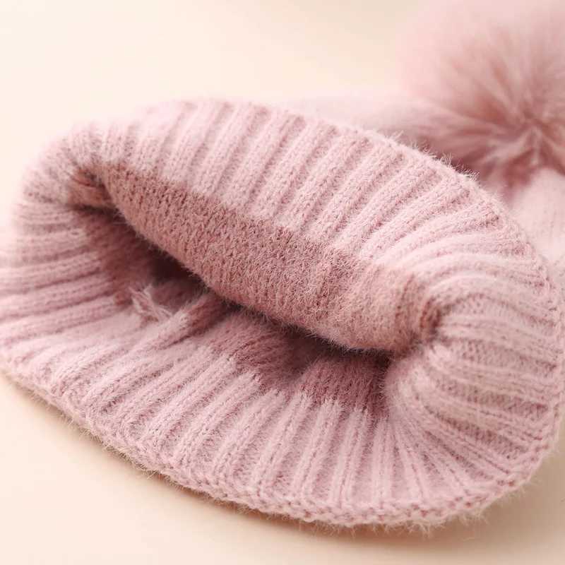 Fuax fur puffy baby hat heart-shaped printed knitted autumn and winter newborn baby bean hat warm crochet girl boy hatW240713