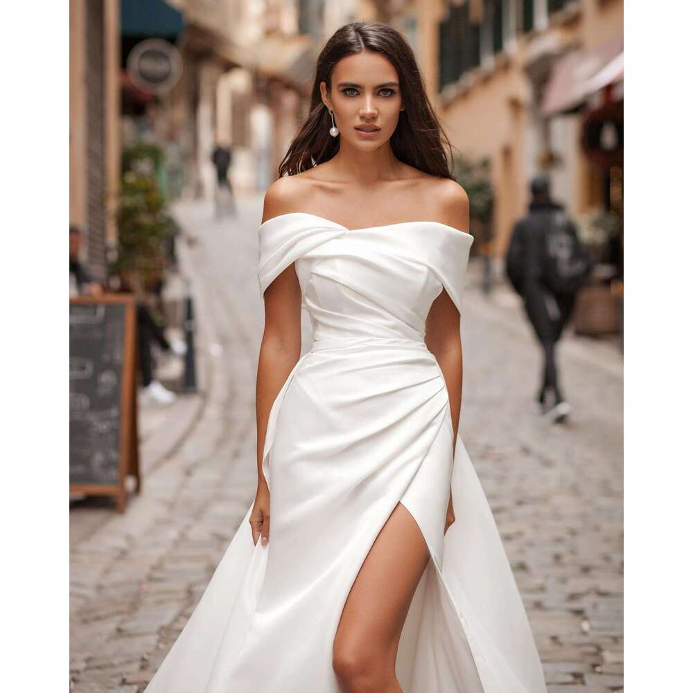 Elegant Off The Shoulder Soft Satin Mermaid Wedding Dresses Side Slit Detachable Train Formal Bridal Grown 2025 Rode De