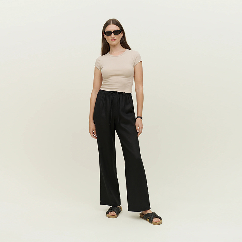 732 REF Pure Yuan Spring Autumn New 2023 Solid Color Linen Pants Loose, Lazy, Elastic, Comfortable and Versatile Short Self-cultivation Round Neck Dre