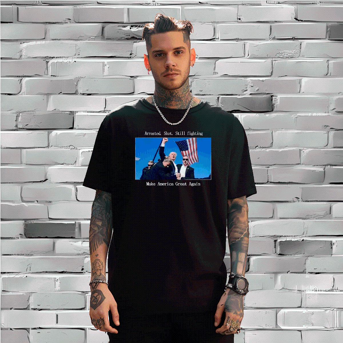 Unisex Man tru T Shirts Arrested. Shot. Still fighting 230g Cotton Summer Casual Breathable Crew Neck Men Tops Tees Designer Fashion Floral Print Tees