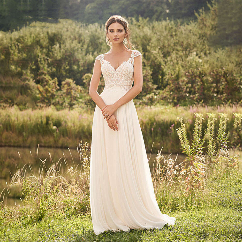Boho Lace Appliques Wedding Dress A e Cap Sleeves Illusion Back For Women V Neck Bridal Gowns Robe De Marie Court Train 2024
