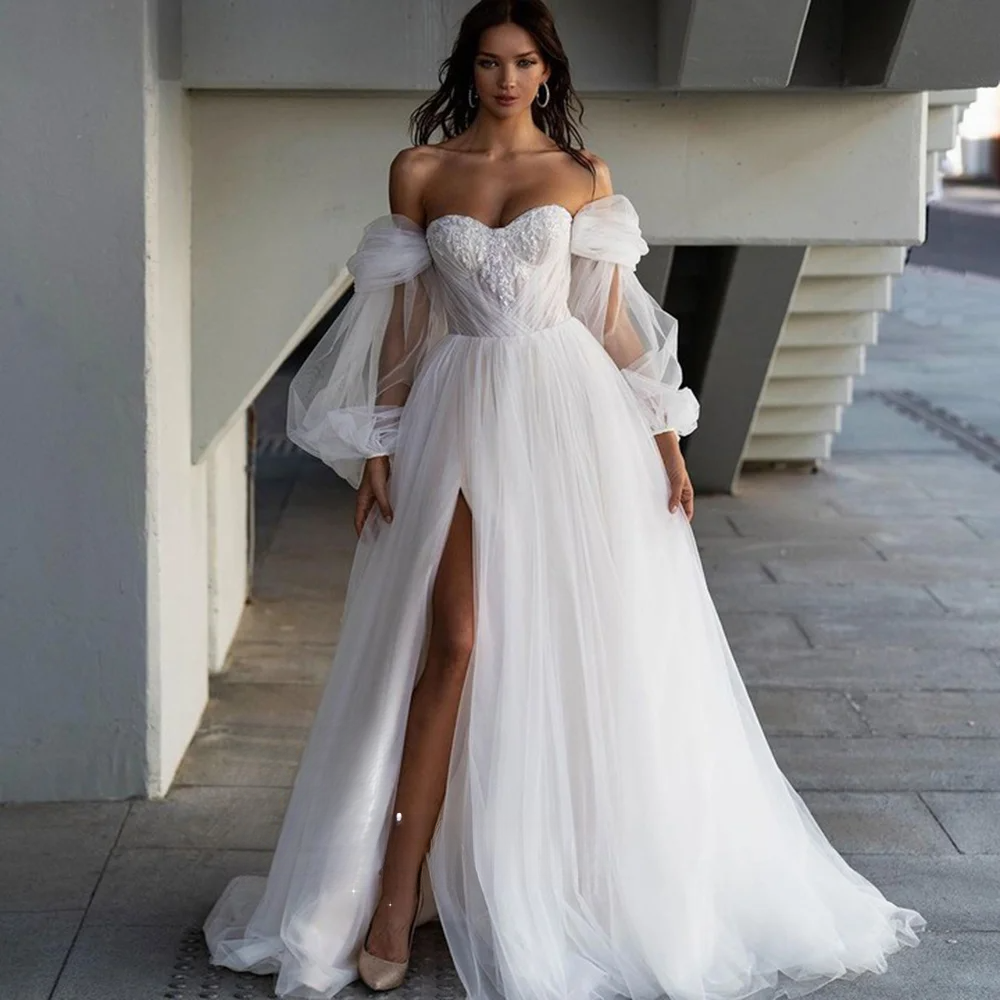 Sirene Beach Sweetheart Wedding Dress With High Side Split Detachable Sleeves Boho A-e Bride Gown Backless Tulle Button Train