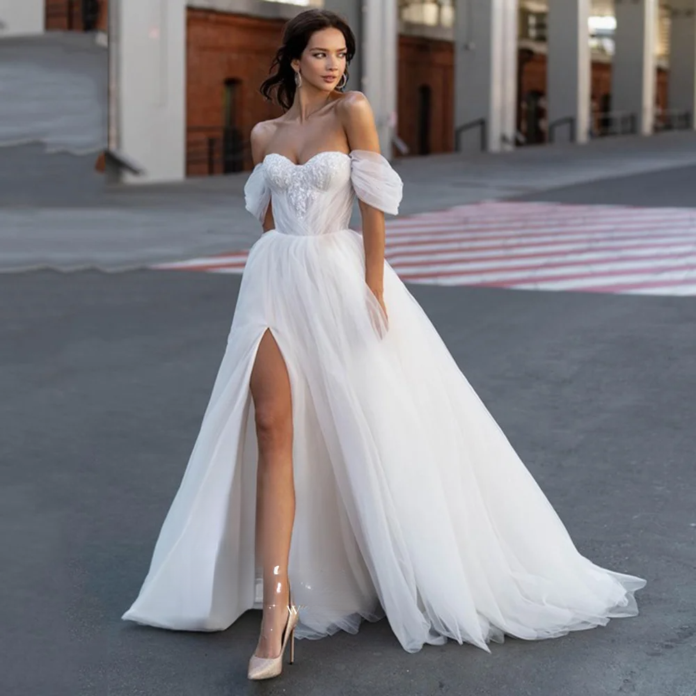 Sirene Beach Sweetheart Wedding Dress With High Side Split Detachable Sleeves Boho A-e Bride Gown Backless Tulle Button Train