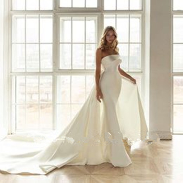Hochzeitskleid Satin Mermaid Wedding Dress with Detachable Train Strapless Simple Brautkleid Bow Back Vestido De Noiva Sereia