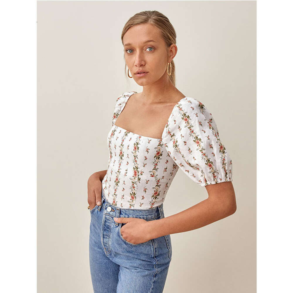 308 # Ref Linen Printed Square Neck Top 2020 Summer New French Style Women's Clothing Temperament Waist Short Self-cultivation Sexy Round Neck Dr