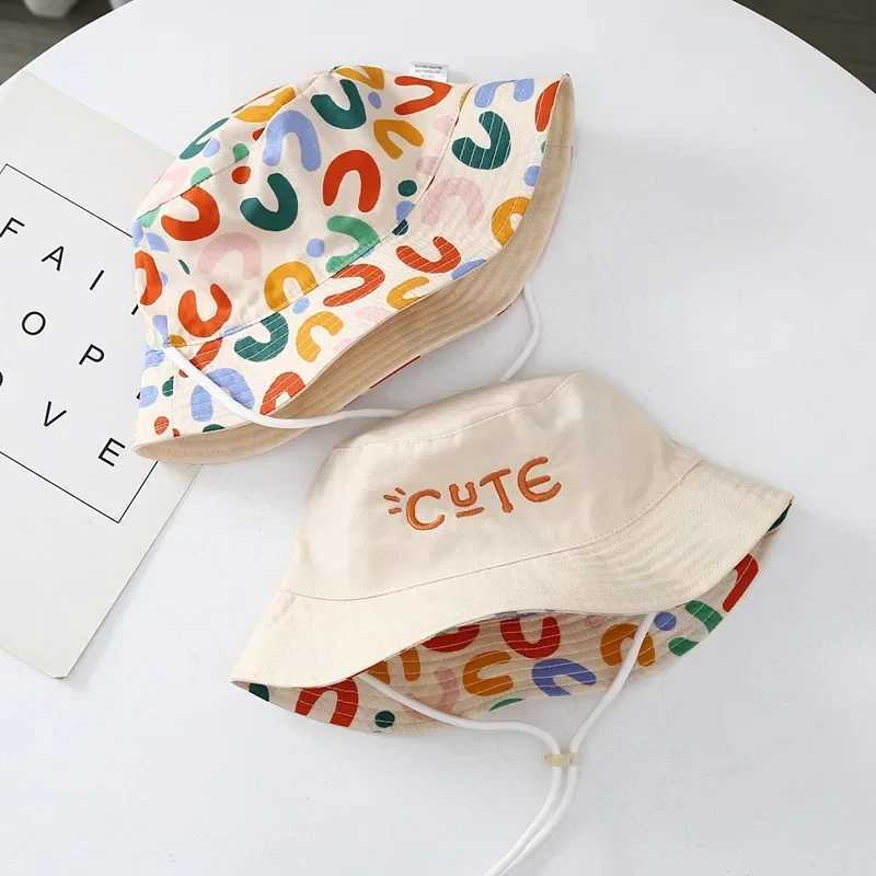 Double sided baby bucket hat with cute embroidered letters for children boys and girls fishermans Panama hat summer outdoor childrens sun hatW240713