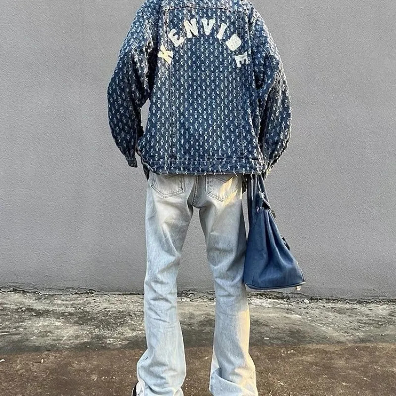 American street print hollow hole denim jacket personality trend men ins high loose letter embroidery casual 240709