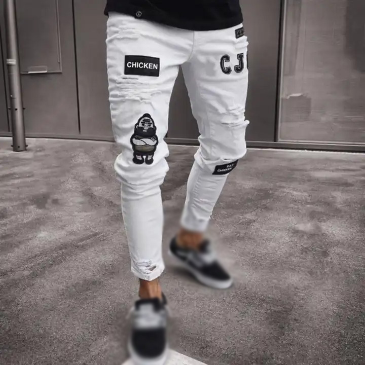 0.1 Sample Men's Fit Knee Hole Distressed Shabby Badge Pants Art Patches Skinny Biker White Jeans Slim Trousers
