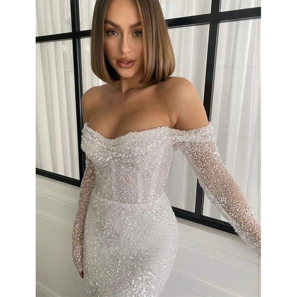 Fashion Off-Shoulder Corset Three Quarter Sleeve Back Zipper and Buttons Formal Dress Mermaid Wedding Dresses