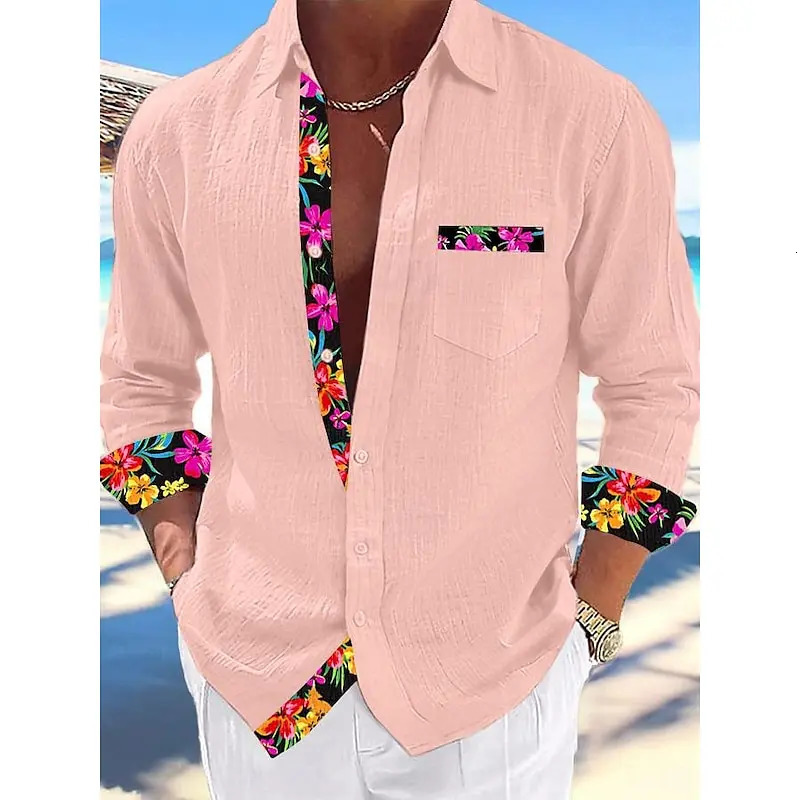 Shirts Fashion casual 100 linen shirts Floral stitching mens tops Simple and comfortable 240708