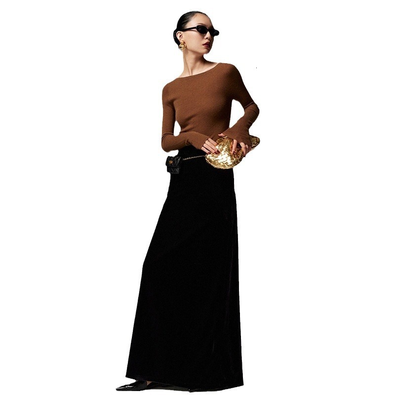 845 New Supermodel Leg with Velvet Drape Glossy Slimming Effect, A-line Length Skirt for Women in Spring and Autumn Chiffon Floral Dress Sexy Loose De